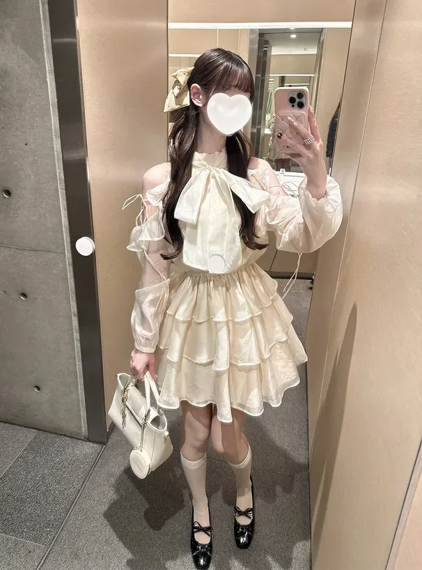露肩蝴蝶結層次雪紡短洋裝