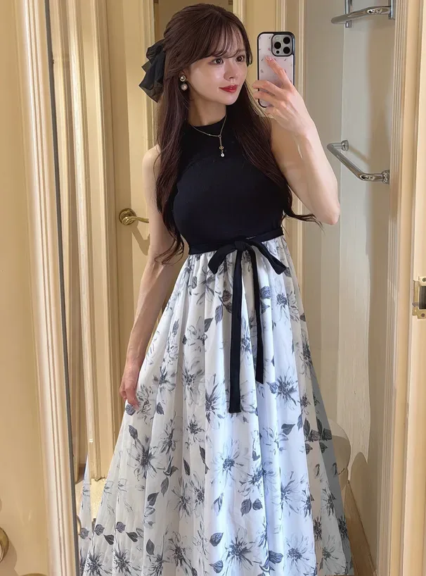 綁帶花柄雪紡拼接長洋裝 thumbnail 2